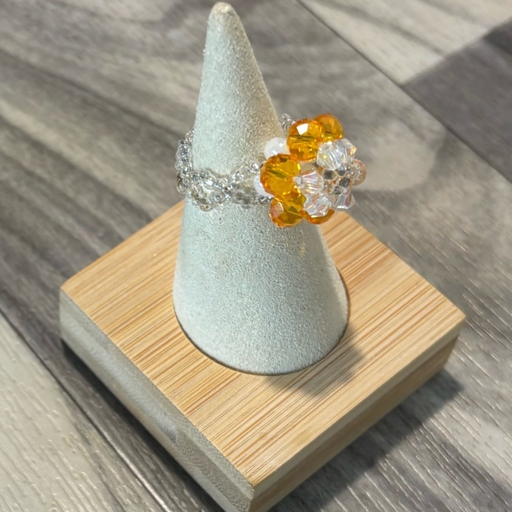Crystal Beaded Floral Ring with Orange/Yellow and Silver Details! Hand made. - Picture 3 of 5